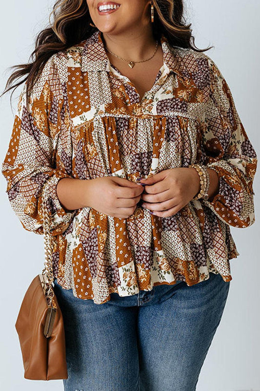 Turn-down Neck Mixed Print Plus Size Shirt - L & M Kee, LLC