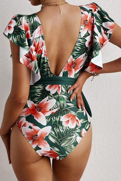 Sexy Deep V Neck Floral Print Ruffles One Piece Swimwear - L & M Kee, LLC