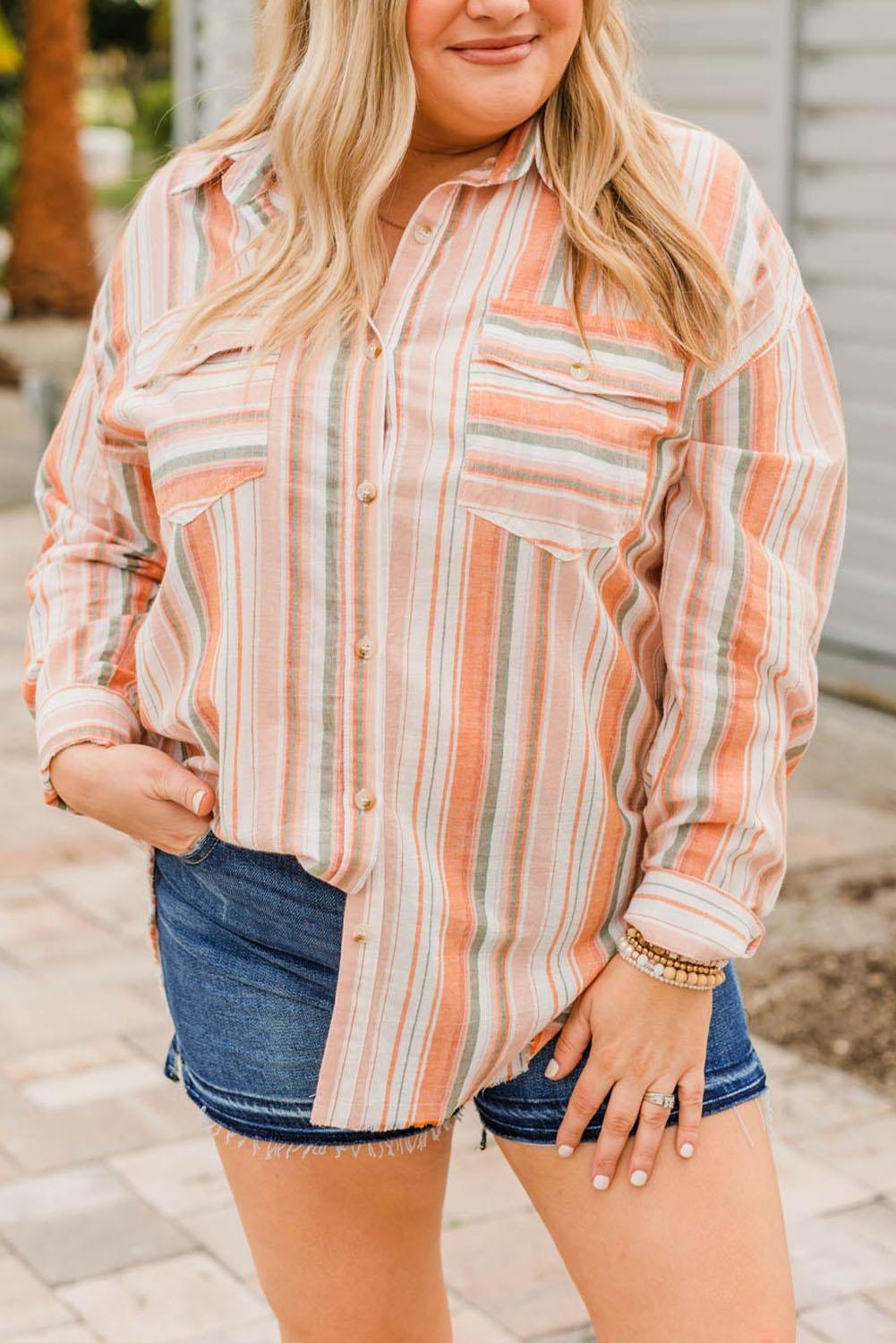 Plus Size Striped Shirt with Chest Pockets - L & M Kee, LLC
