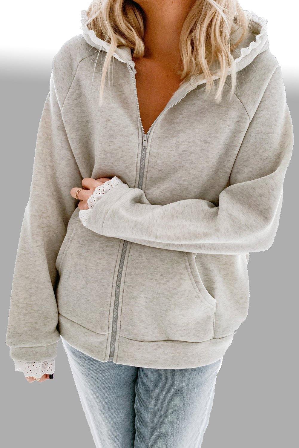 Zip-up Lace Trim Hooded Coat - L & M Kee, LLC