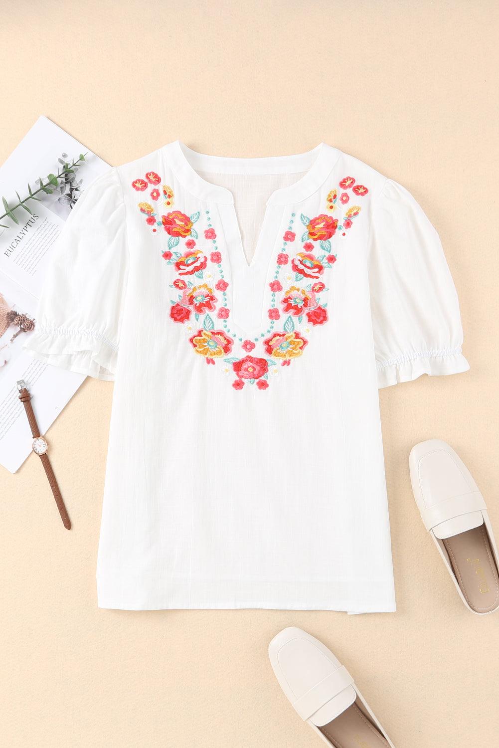 Floral Embroidered Ruffled Puff Sleeve Blouse - L & M Kee, LLC