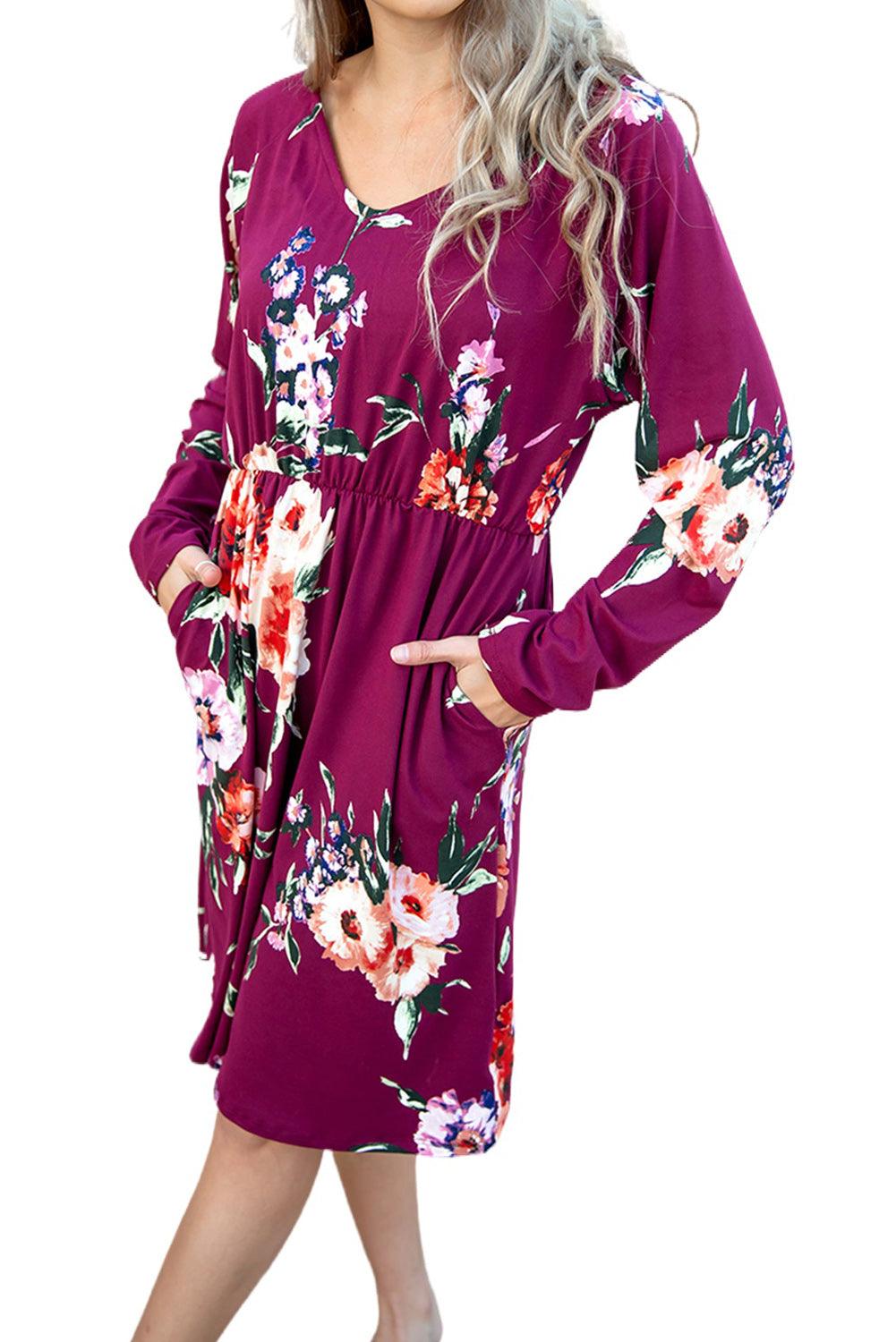 Long Sleeve High Waist Floral Dress - L & M Kee, LLC