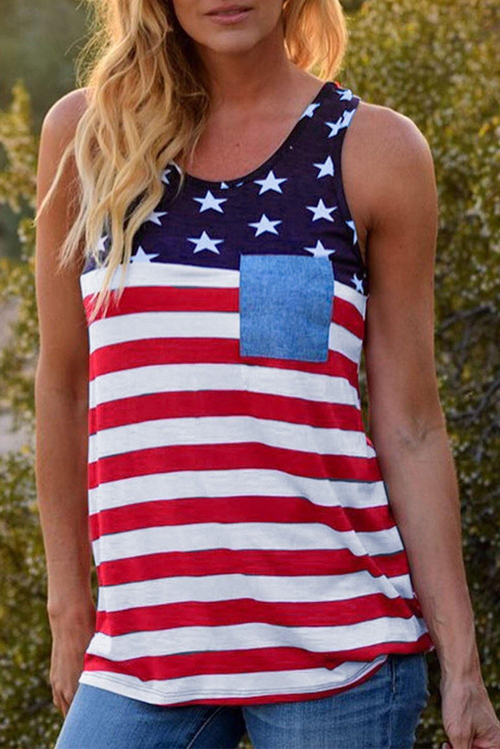 USA Flag Stars Stripes Print Tank with Patch Pocket - L & M Kee, LLC