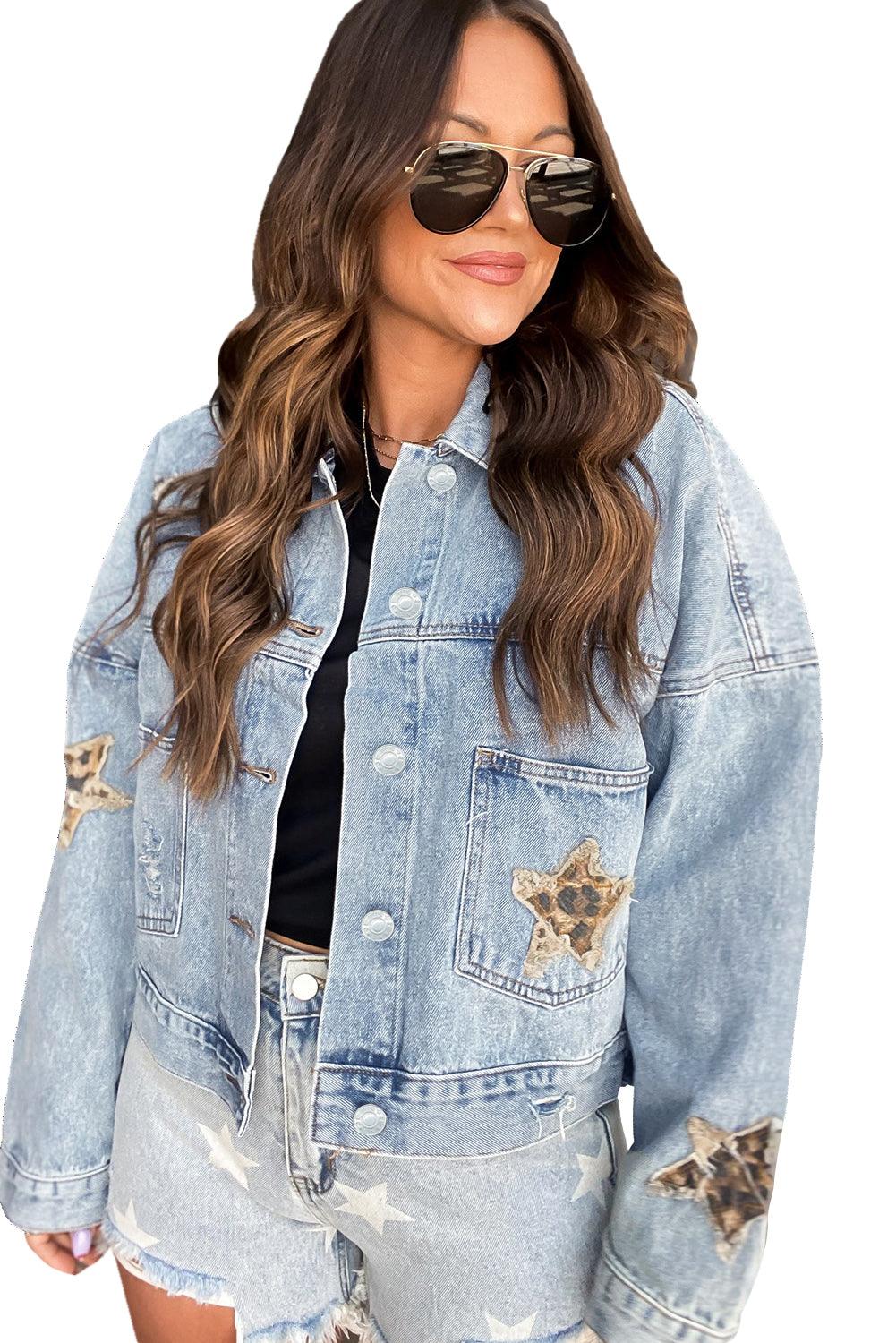 Leopard Star Distressed Cropped Denim Jacket - L & M Kee, LLC