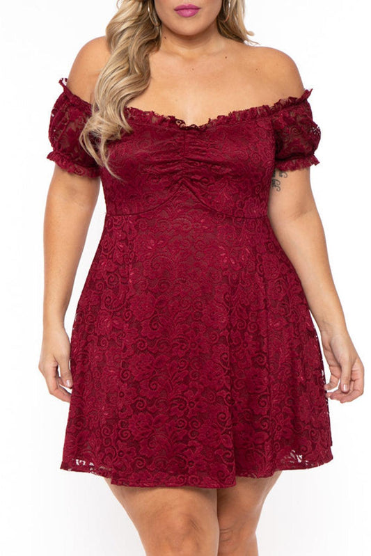 Lace Frill Bubble Sleeve Off Shoulder Plus Size Dress - L & M Kee, LLC