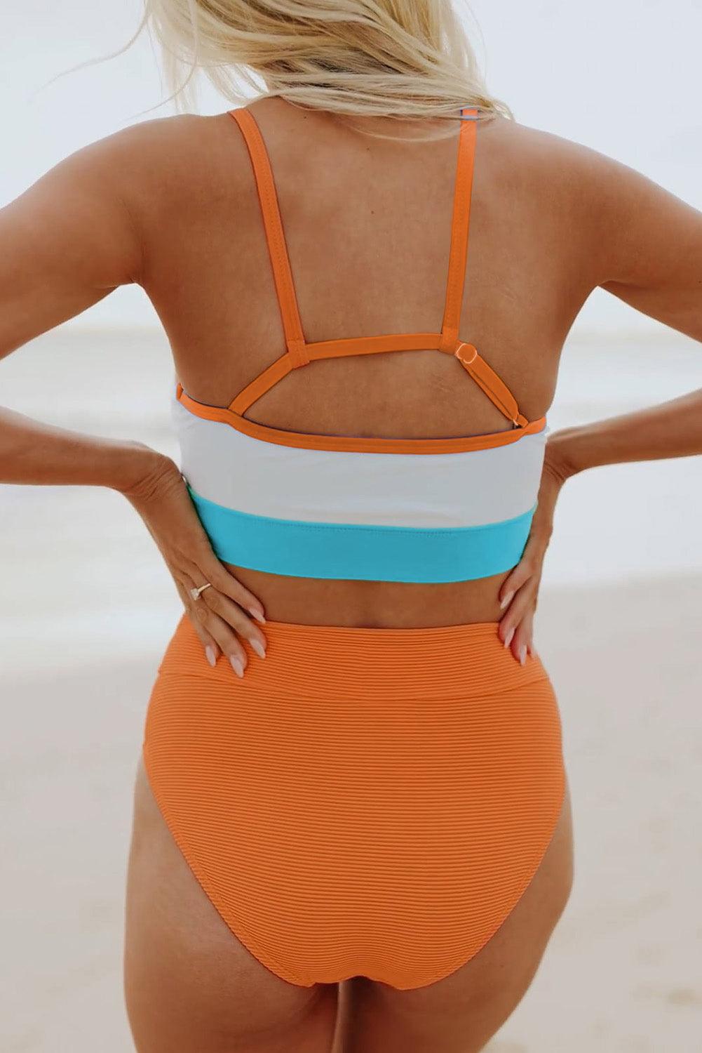 Color Block Spaghetti Strap High Waist Bikini Swimsuit - L & M Kee, LLC