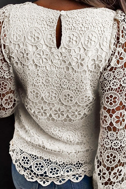 Beige Lace Contrast Hollow-out Long Sleeve Blouse - L & M Kee, LLC