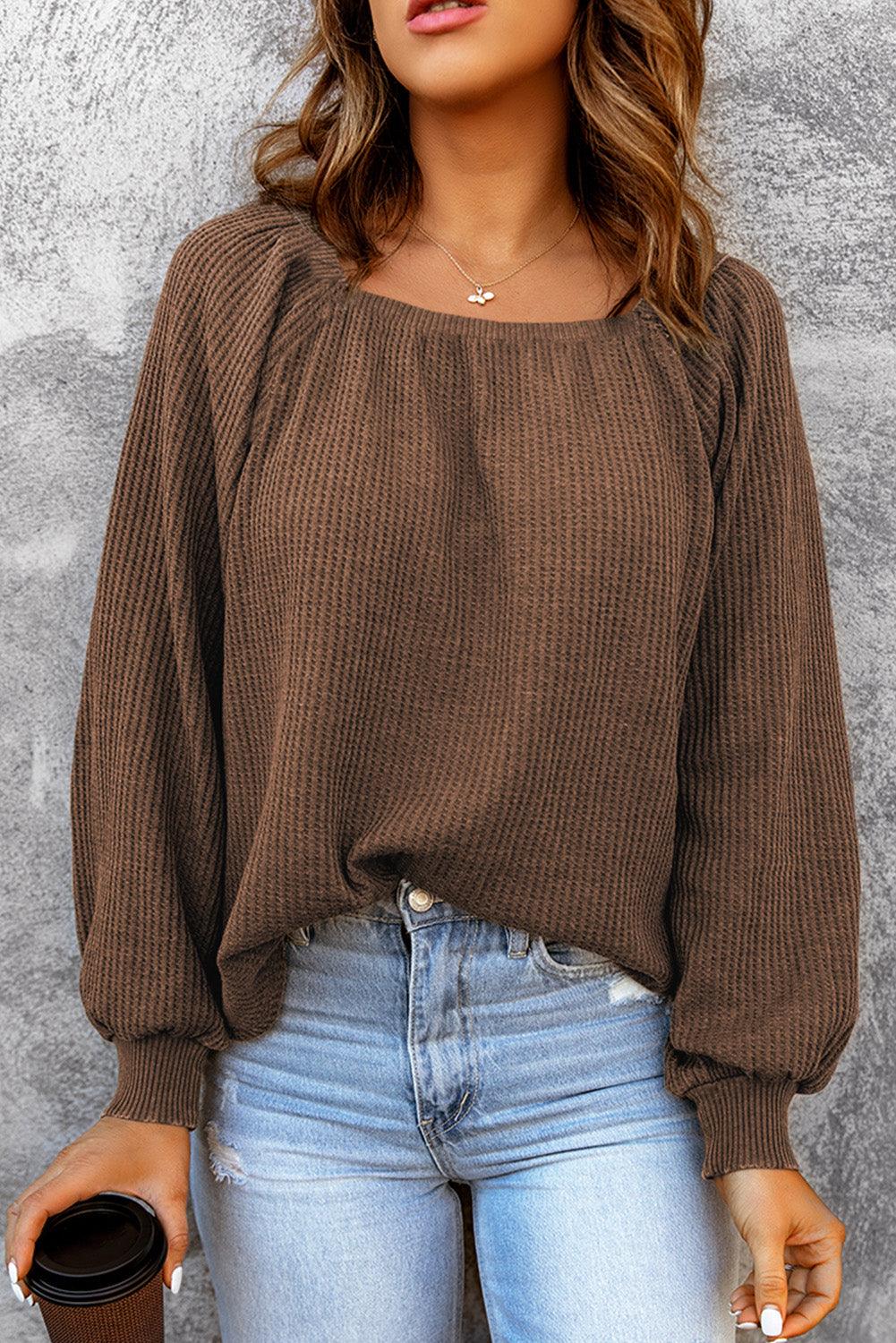 Square Neck Puff Sleeve Waffle Knit Top - L & M Kee, LLC