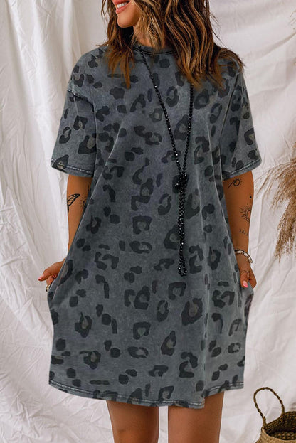 Vintage Washed Leopard T-Shirt Dress with Pockets