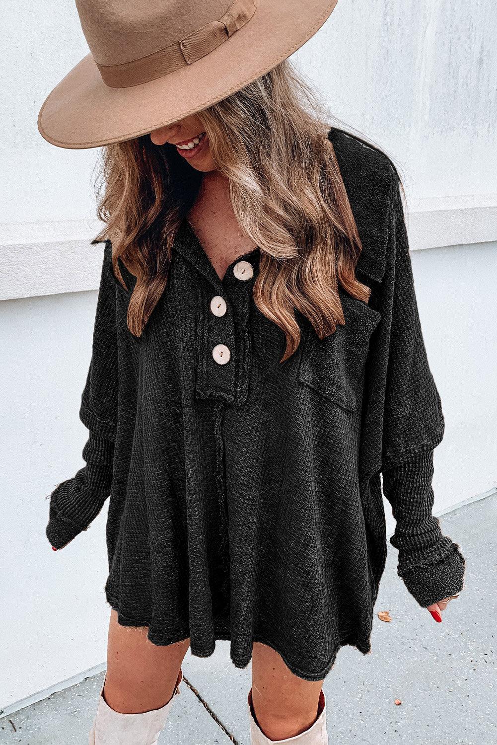 Brown Waffle Knit Buttoned Long Sleeve Top - L & M Kee, LLC