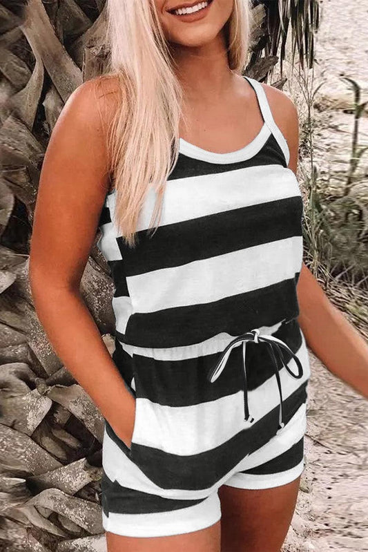 Striped Print Lace-up High Waist Sleeveless Romper - L & M Kee, LLC