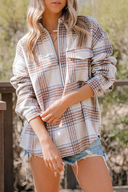 Chest Pocket Plaid Half Zip Sweatshirt - L & M Kee, LLC