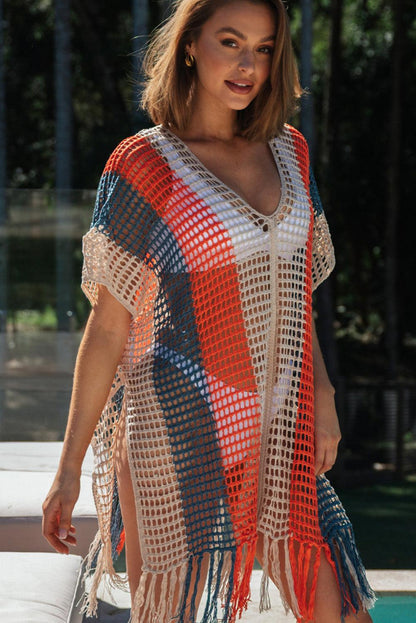 Multicolor Striped Tassel Crochet V Neck Beach Cover Up - L & M Kee, LLC