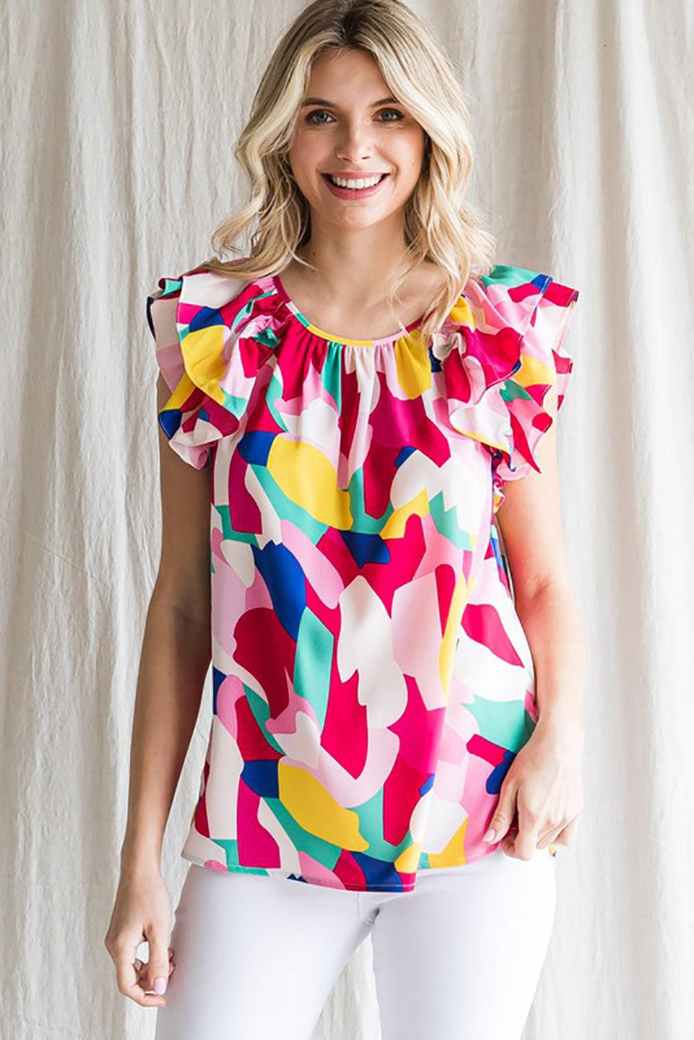 Multicolor Abstract Pattern Ruffle Short Sleeves Blouse - L & M Kee, LLC