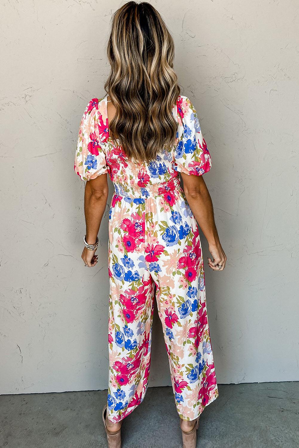 Multicolor Floral Print Smocked Puff Sleeve Jumpsuit - L & M Kee, LLC