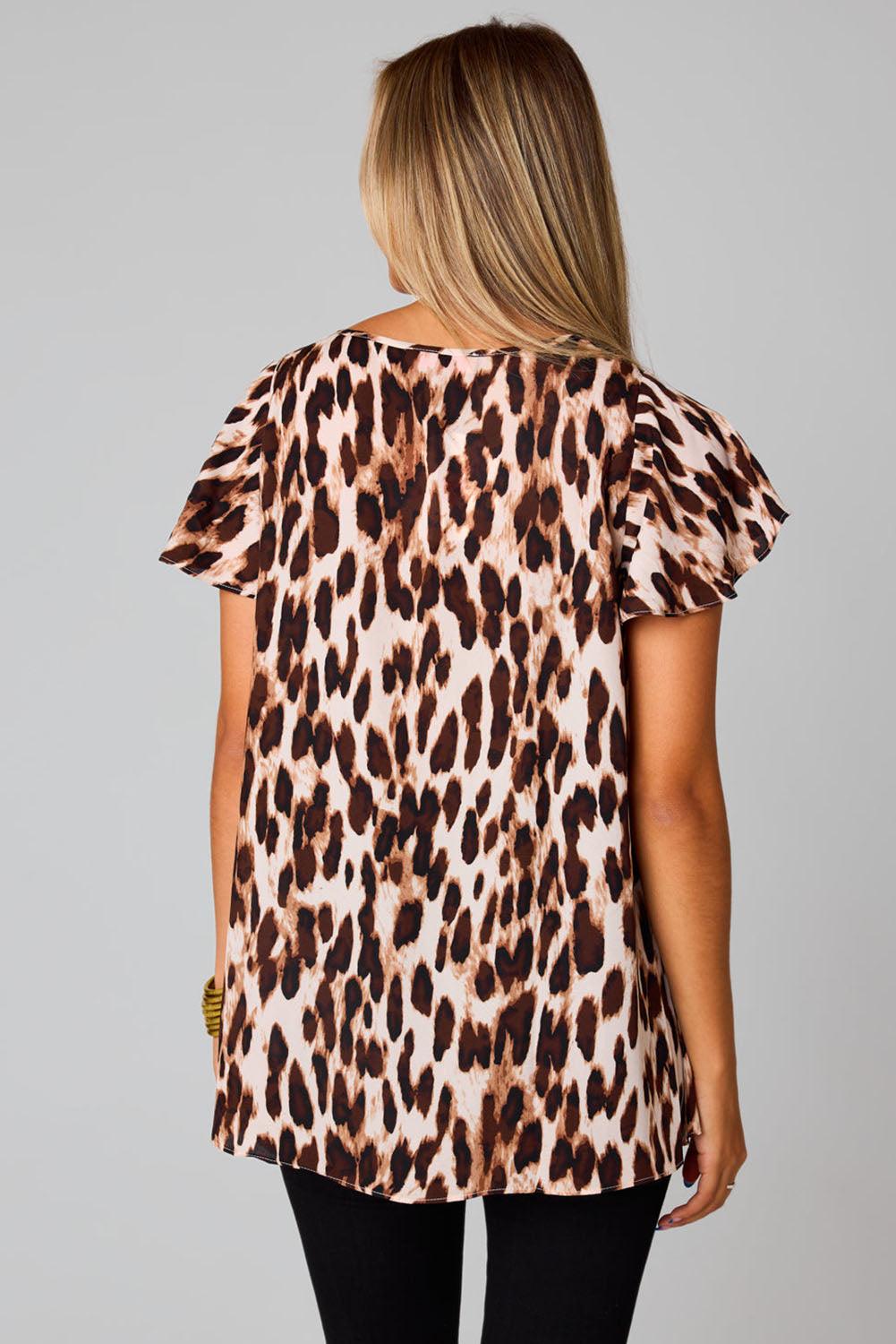 Flutter Sleeves Leopard/Abstract Print V Neck Top - L & M Kee, LLC