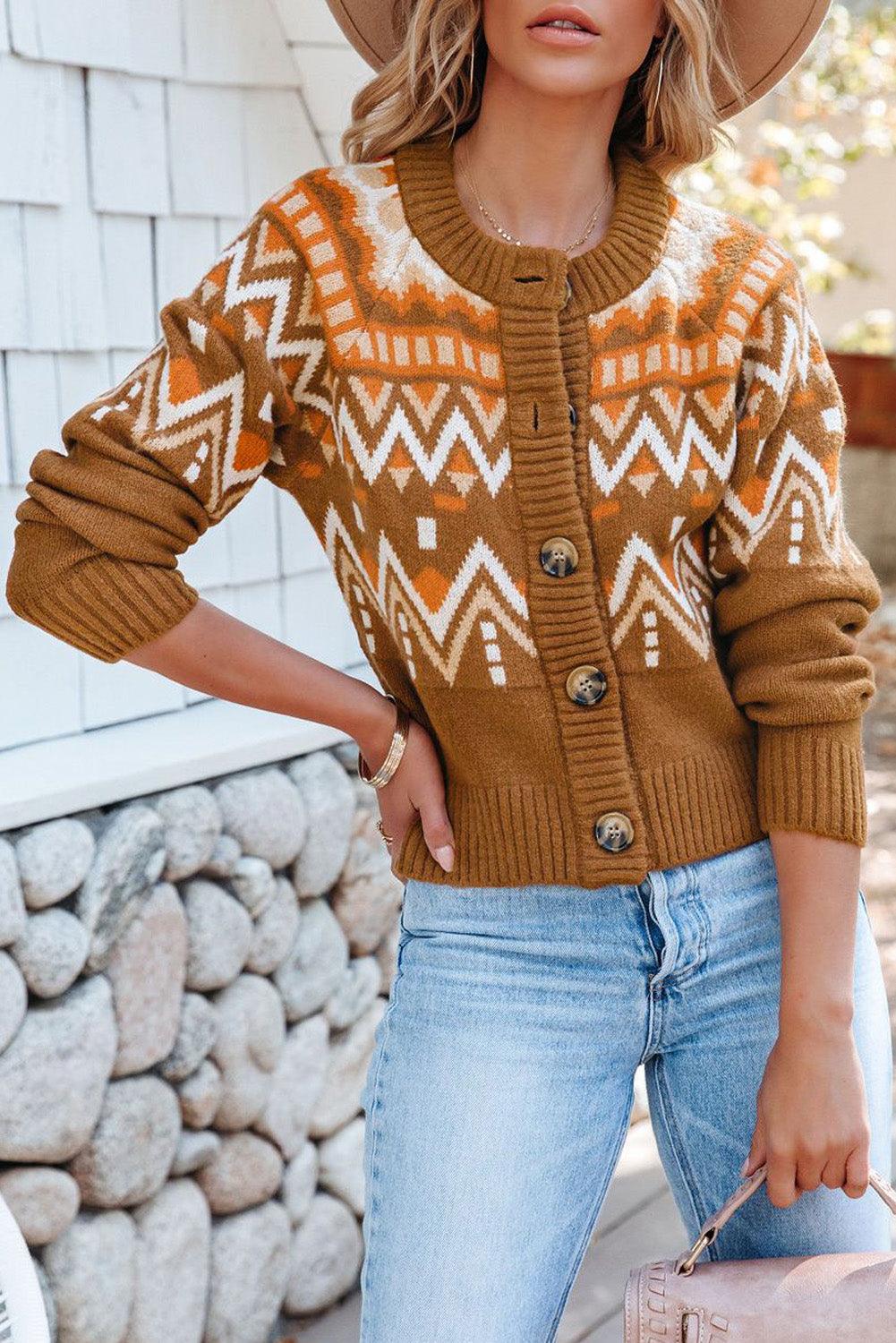 Geometric Pattern Buttoned Knit Cardigan - L & M Kee, LLC