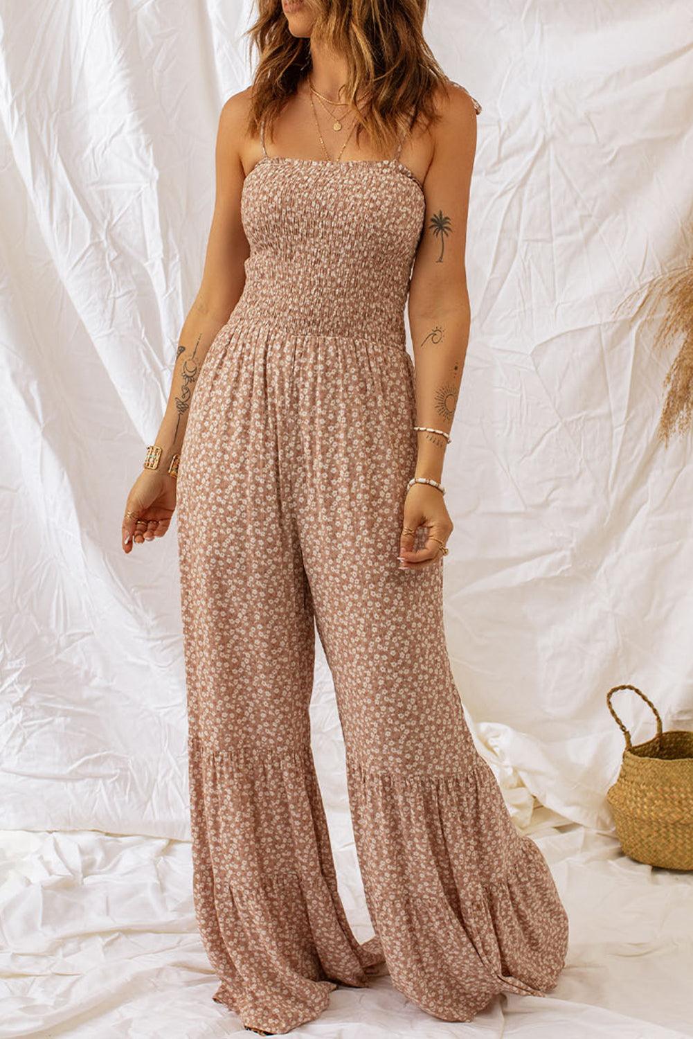 Khaki Thin Straps Smocked Bodice Wide Leg Floral Jumpsuit - L & M Kee, LLC