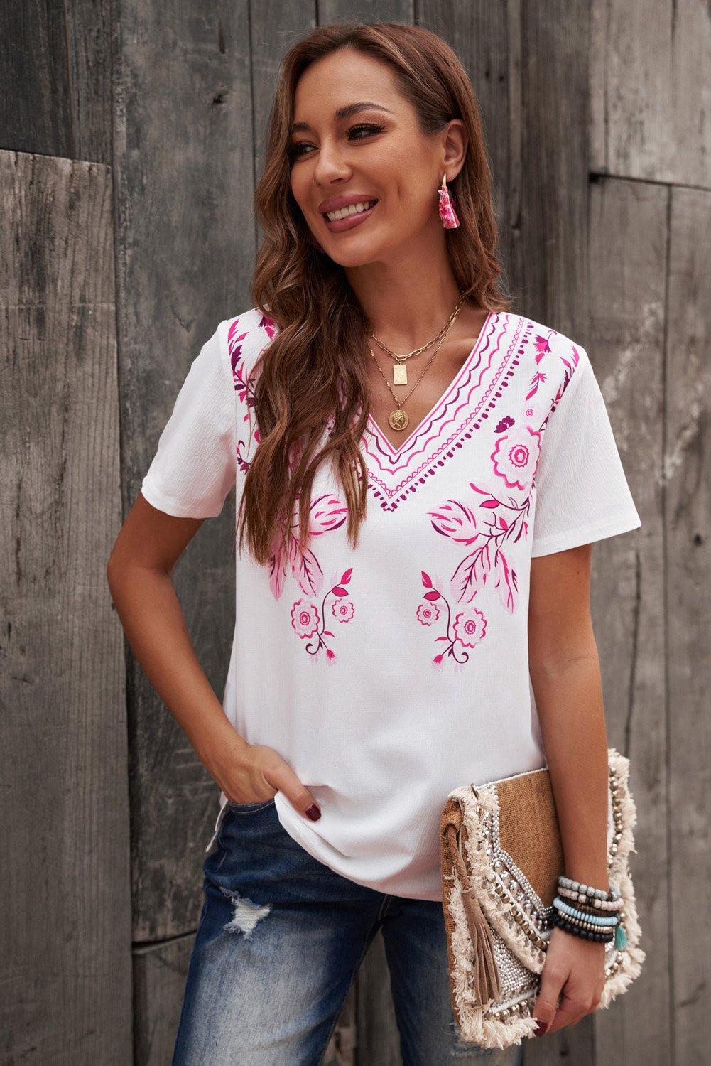 Floral Embroidery V Neck Short Sleeve Top - L & M Kee, LLC