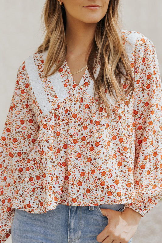 Floral Print Lace Contrast V Neck Blouse - L & M Kee, LLC