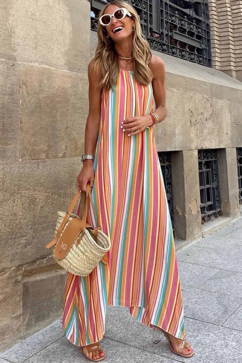 Bohemian Striped Print Sleeveless Holiday Maxi Dress - L & M Kee, LLC