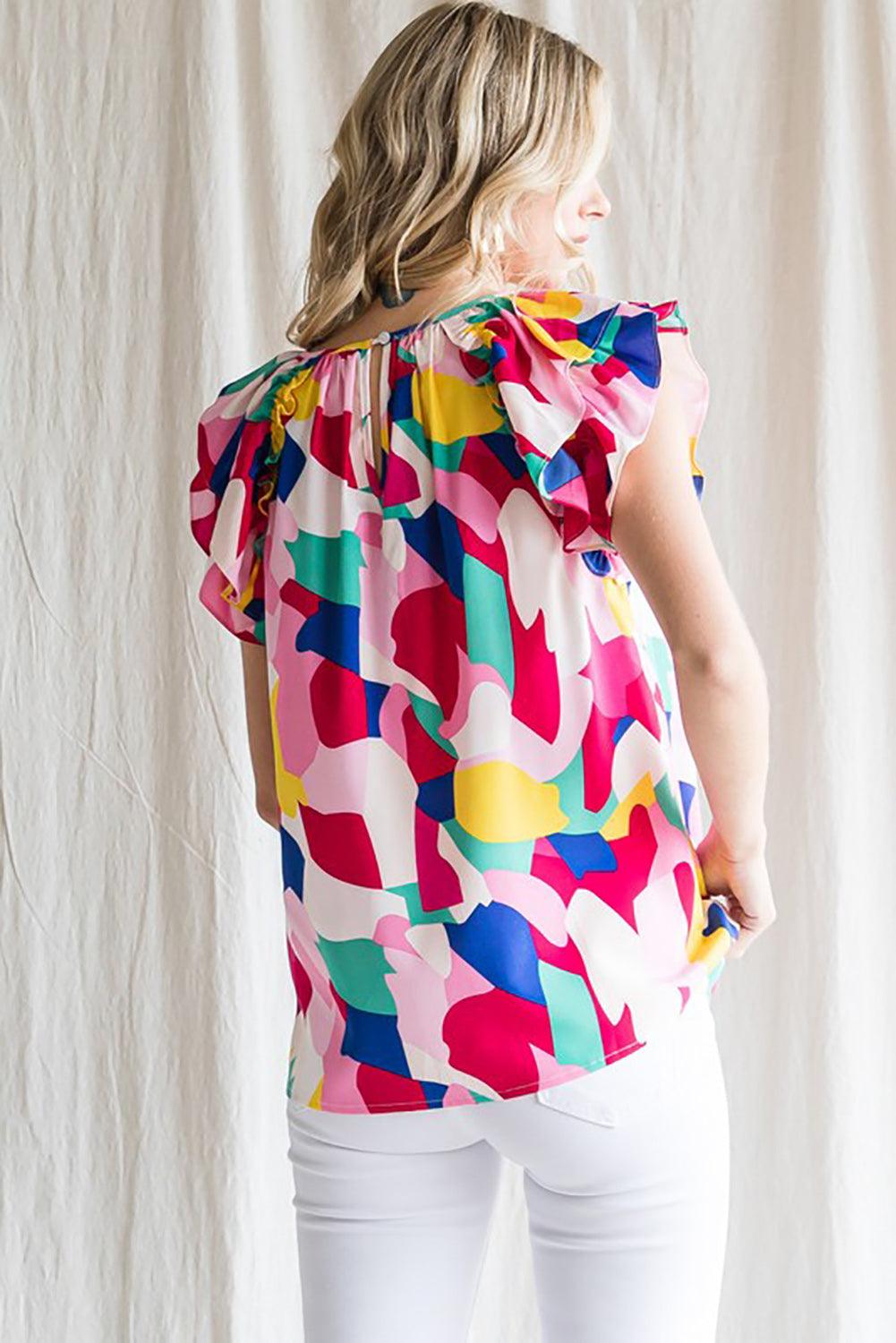 Multicolor Abstract Pattern Ruffle Short Sleeves Blouse - L & M Kee, LLC