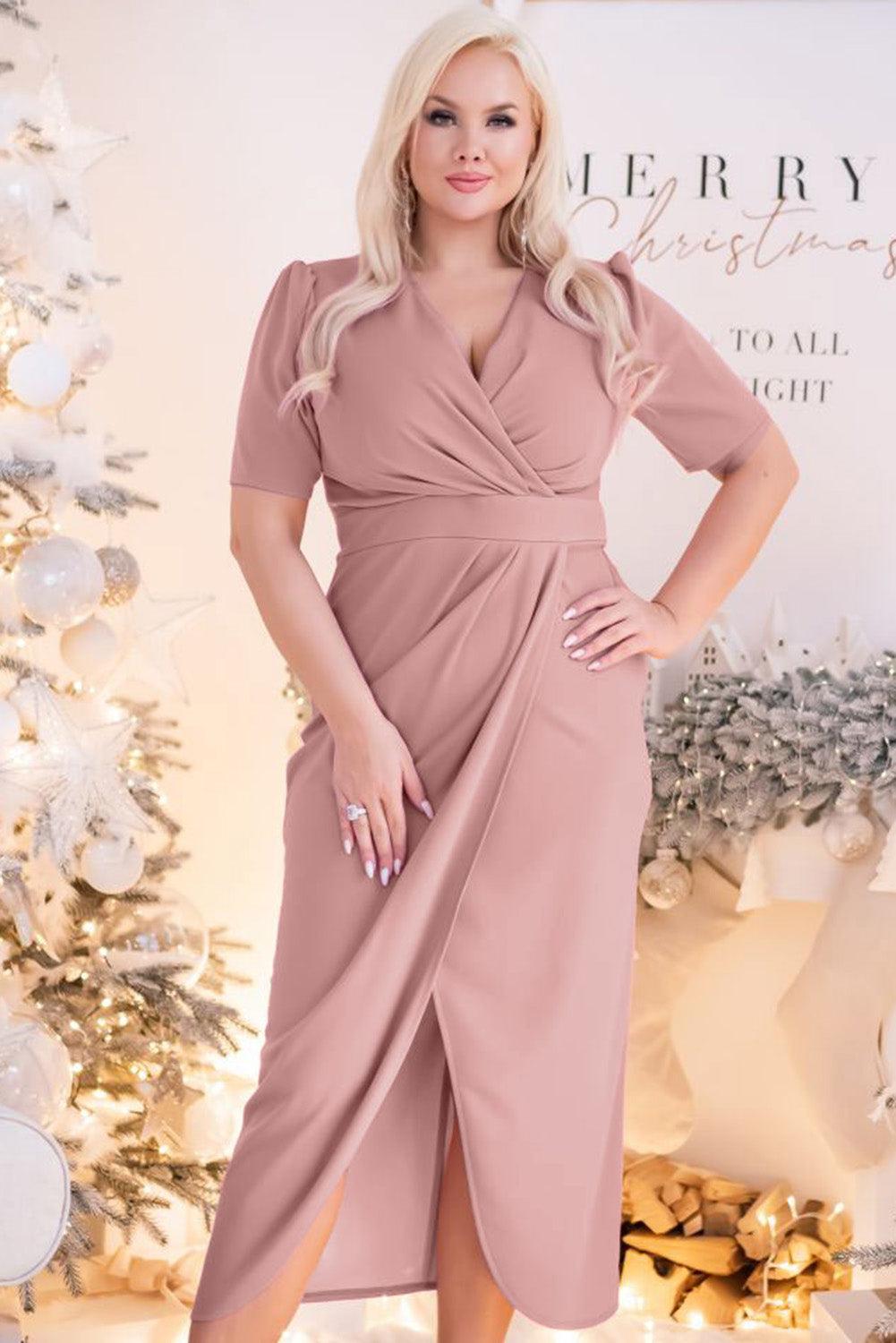 Plus Size Wrap V Neck Slit Hem Midi Dress - L & M Kee, LLC