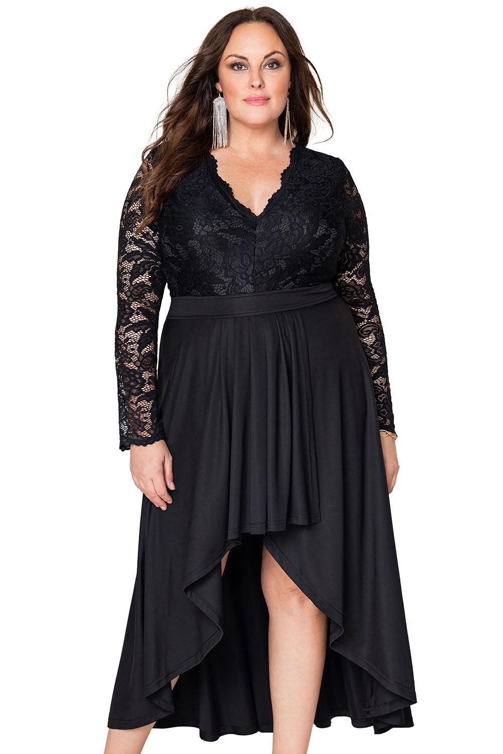 Plus Size High-Low Lace Contrast Evening Dress - L & M Kee, LLC