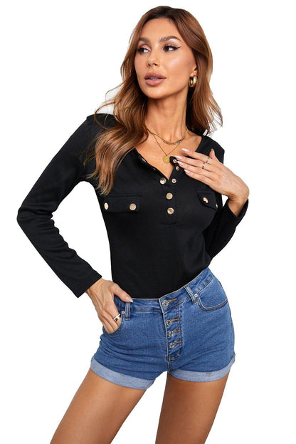 Ribbed Front Button Mock Pockets Long Sleeve Top - L & M Kee, LLC