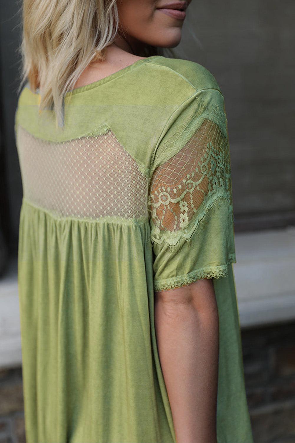 Mesh Lace Trim Short Sleeve Top - L & M Kee, LLC