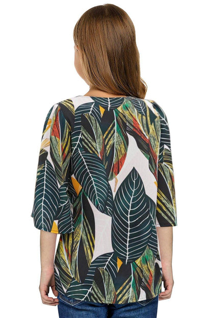 Tropical Leaf V Neck Ruffled Sleeve Buttons Girl's Blouse - L & M Kee, LLC