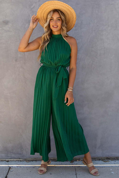 Halter Neck Pleated Wide Leg Jumpsuit with Belt - L & M Kee, LLC