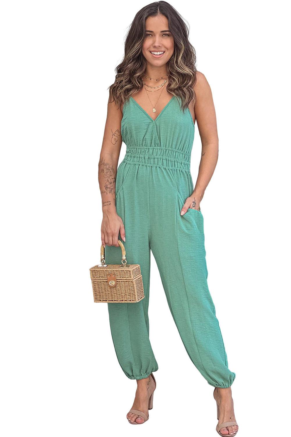 Shirred High Waist Sleeveless V Neck Jumpsuit - L & M Kee, LLC