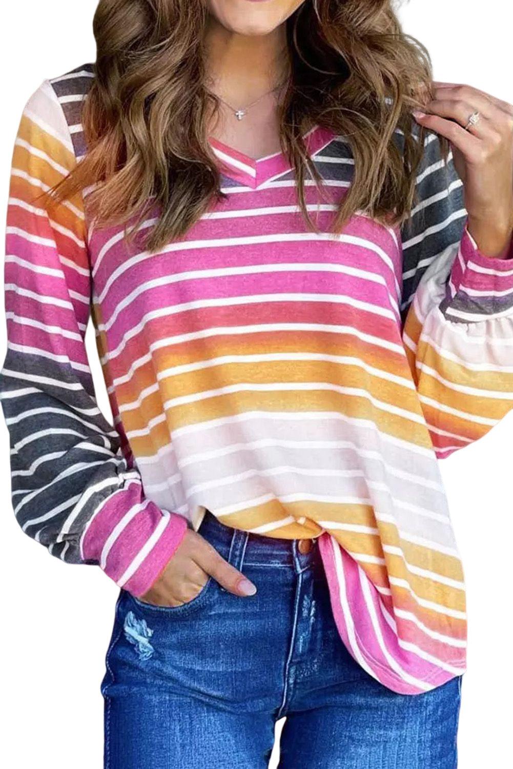 Multicolor Gradient Striped Long Sleeve V-Neck Blouse - L & M Kee, LLC