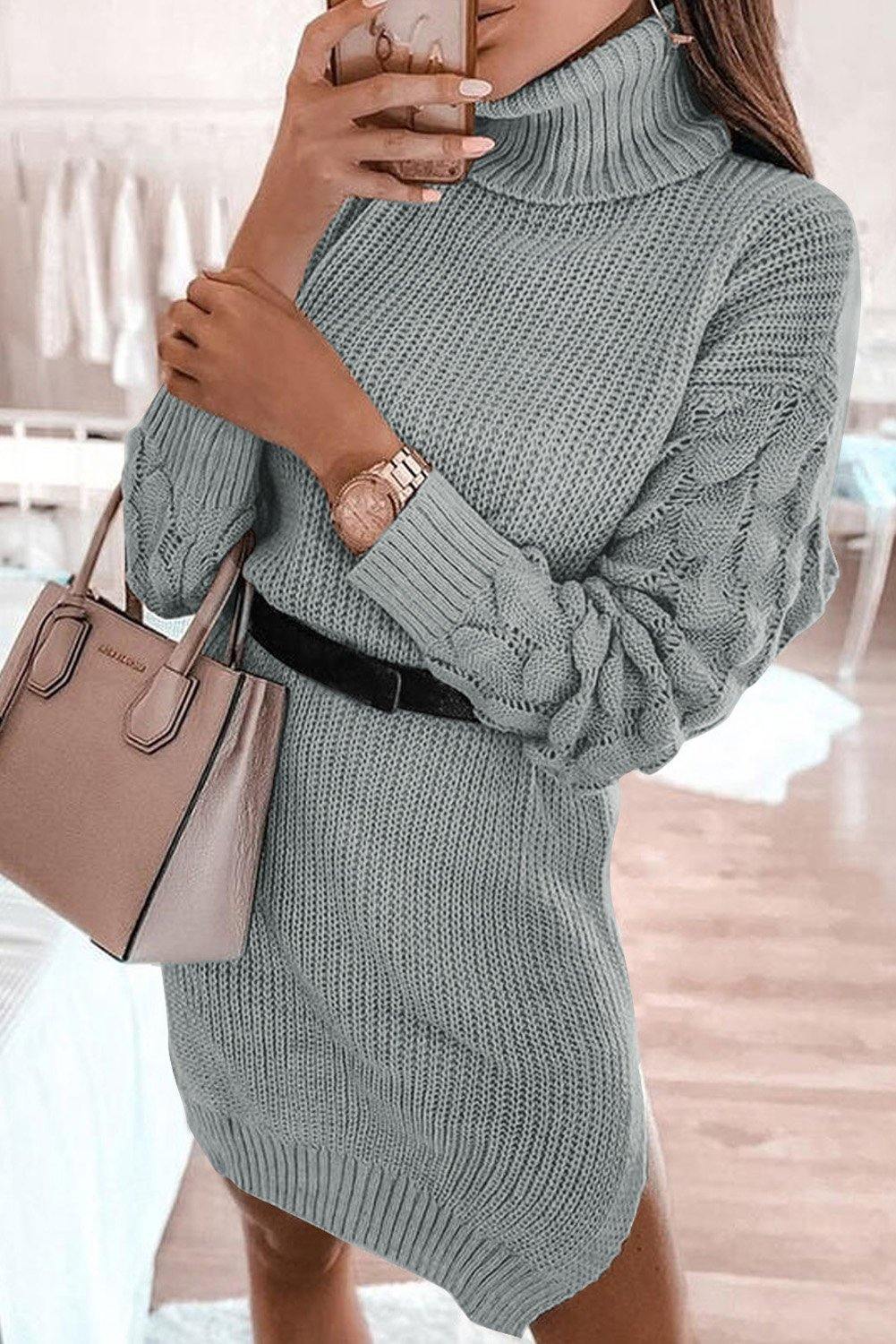 Plain Turtleneck Sweater Dress with Slits - L & M Kee, LLC