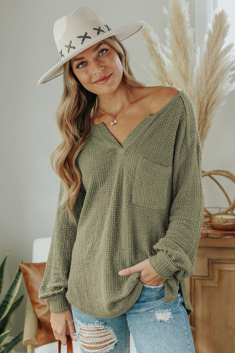 Waffle Knit Split Neck Pocketed Loose Top - L & M Kee, LLC