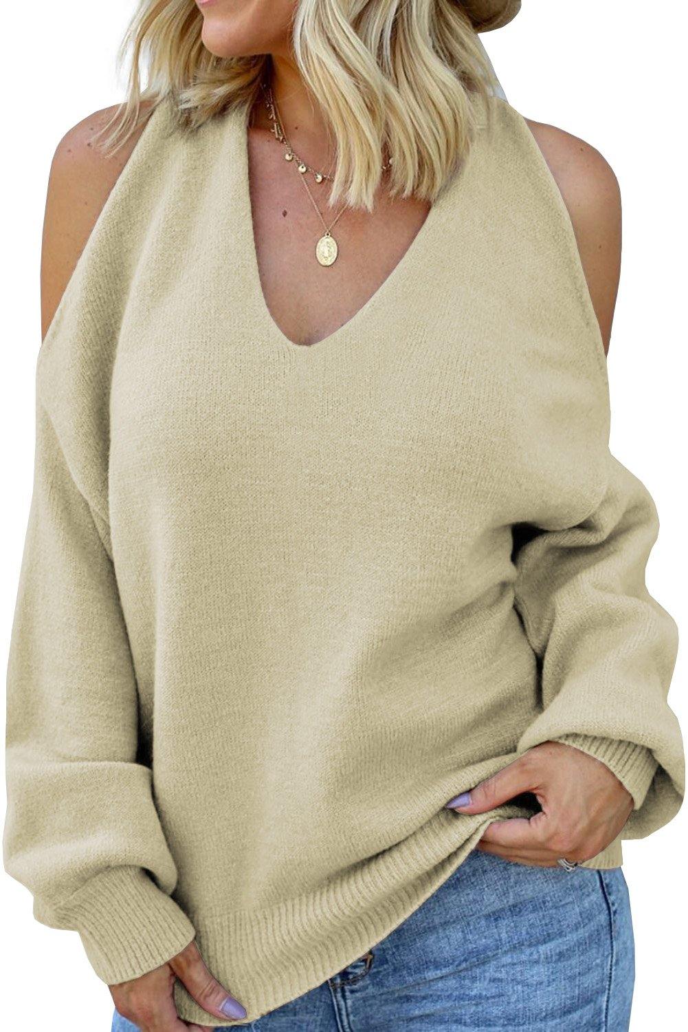 V Neck Twisted Back Cold Shoulder Sweater - L & M Kee, LLC