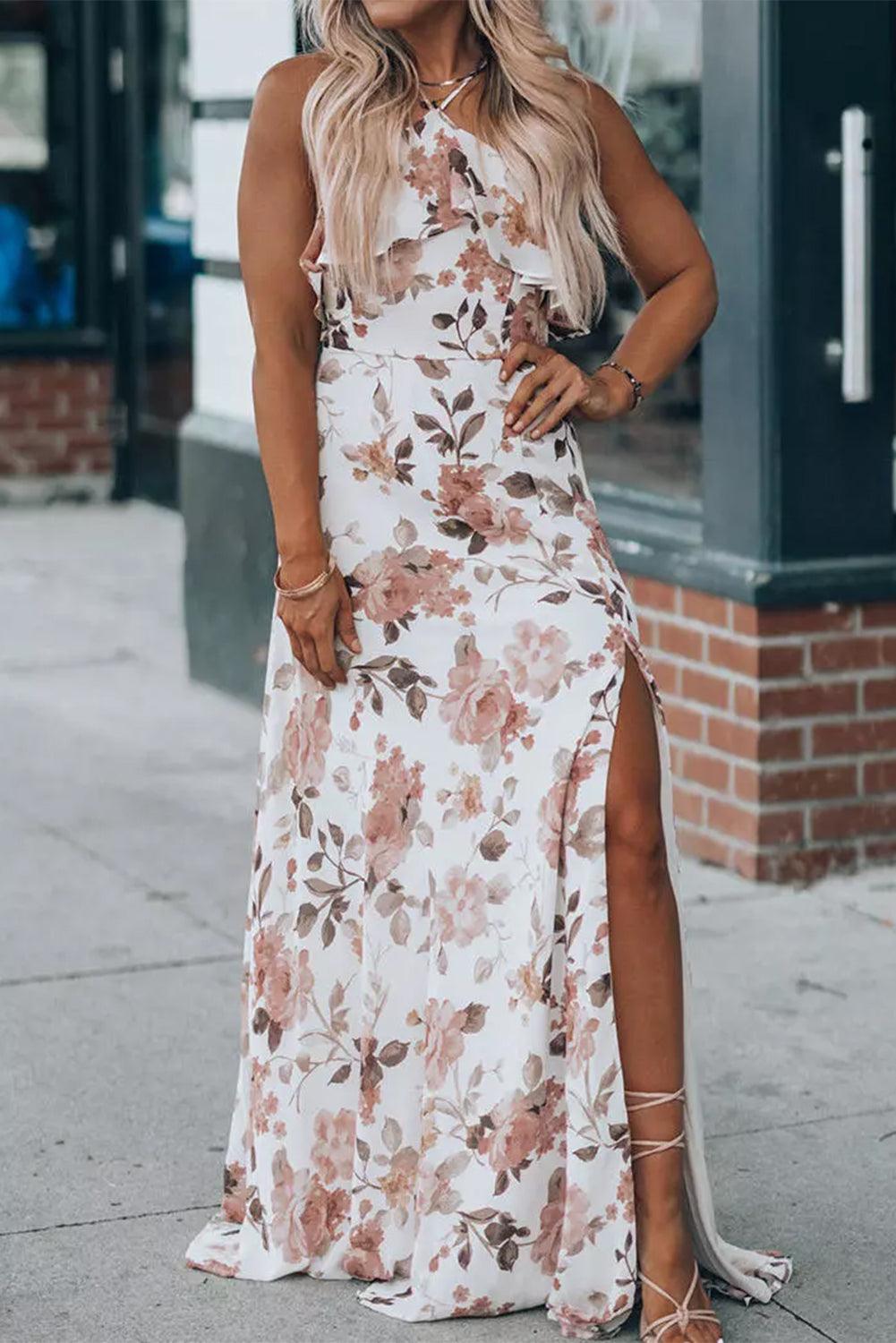 Floral Slit Ruffled Halterneck Maxi Dress - L & M Kee, LLC