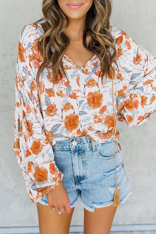 Split V Neck Floral Print Dolman Blouse - L & M Kee, LLC