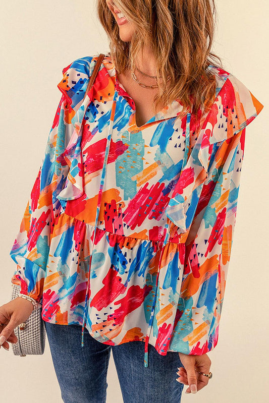 Multicolor Paint Print Ruffled Detail Loose Blouse - L & M Kee, LLC