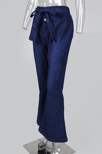 High Waist Bell Bottom Jeans with Attached Belt - L & M Kee, LLC