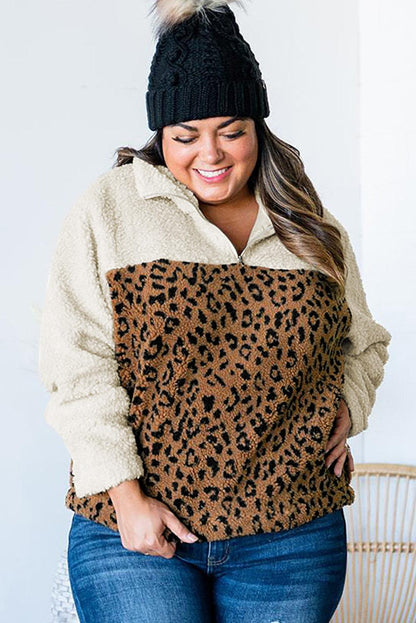 Plus Size Leopard Colorblock Zipped Sherpa Pullover - L & M Kee, LLC