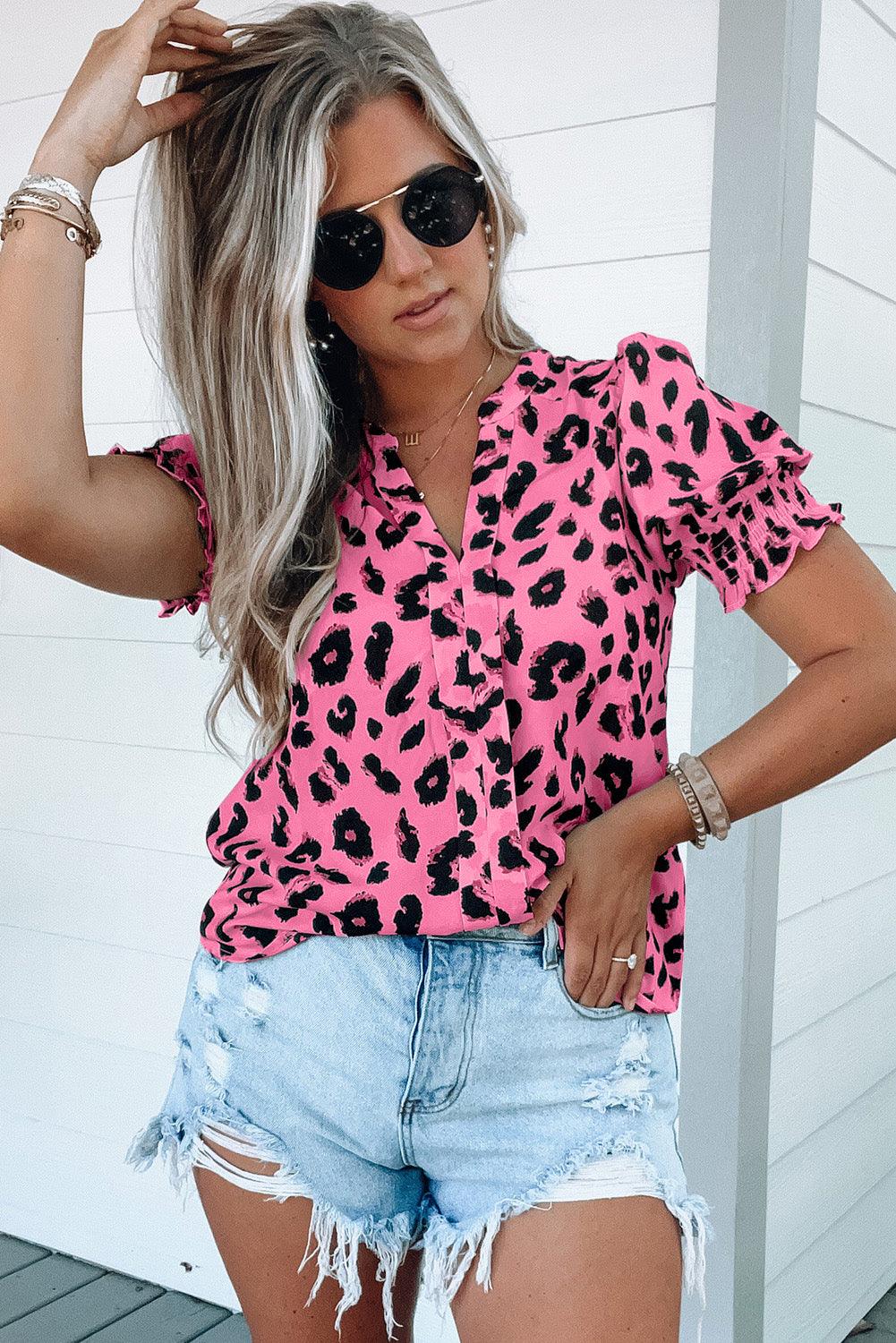 Leopard Notch Neck Bubble Sleeve Blouse - L & M Kee, LLC