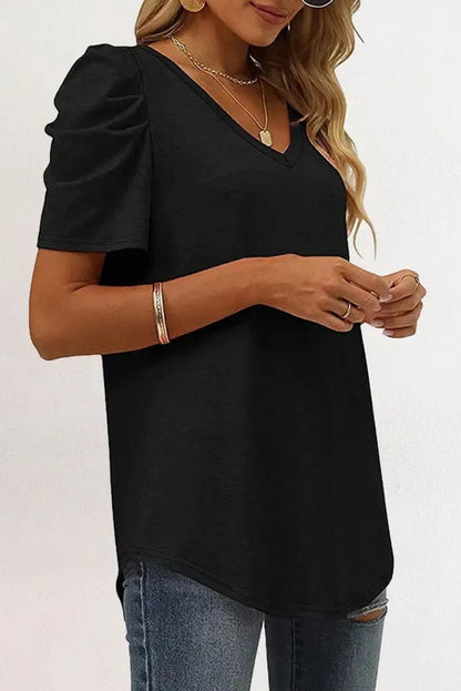 White Puff Sleeve V-Neck T-Shirt - L & M Kee, LLC