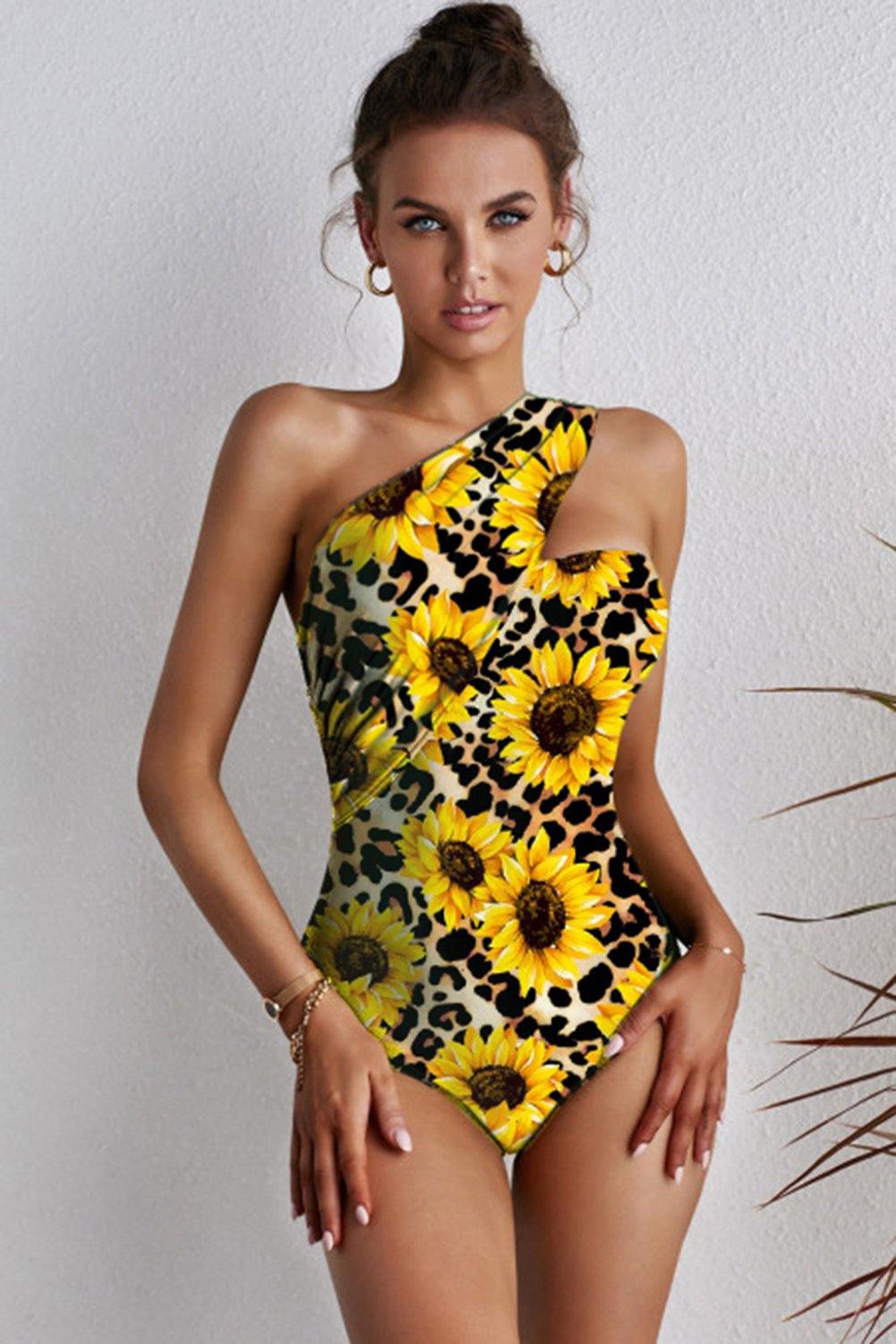 Sunflower Asymetrical Neck One-piece Swimsuit - L & M Kee, LLC