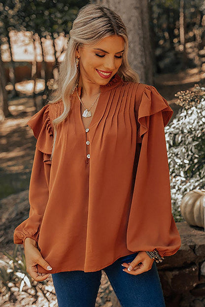 Ruffled Pleated Buttoned V Neck Blouse - L & M Kee, LLC