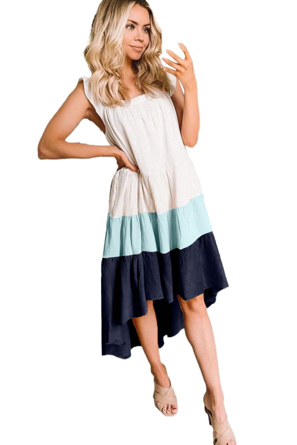 High Low Tiered Colorblock Square Collar Midi Dress - L & M Kee, LLC