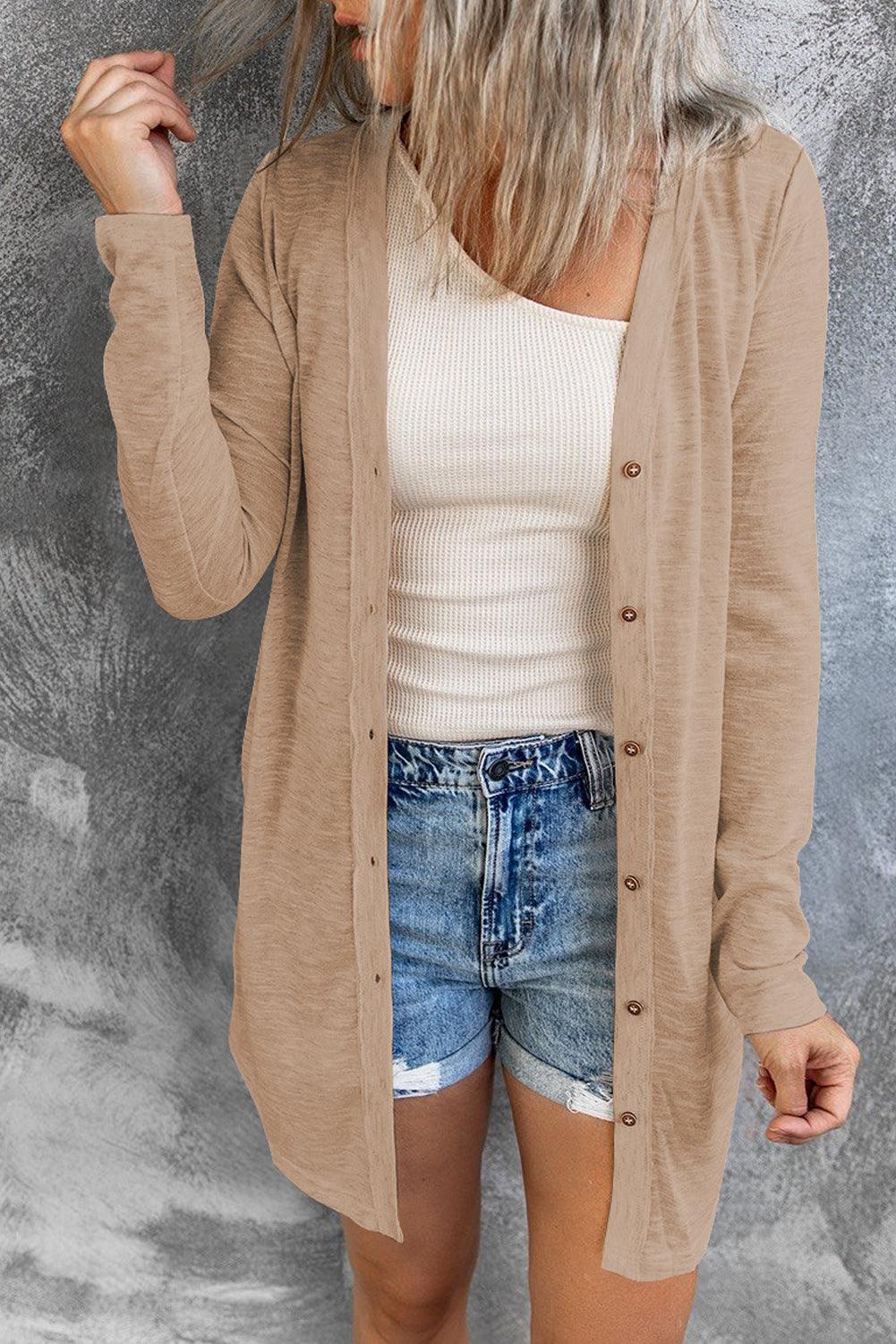 Beige Solid Color Open-Front Buttons Cardigan - L & M Kee, LLC