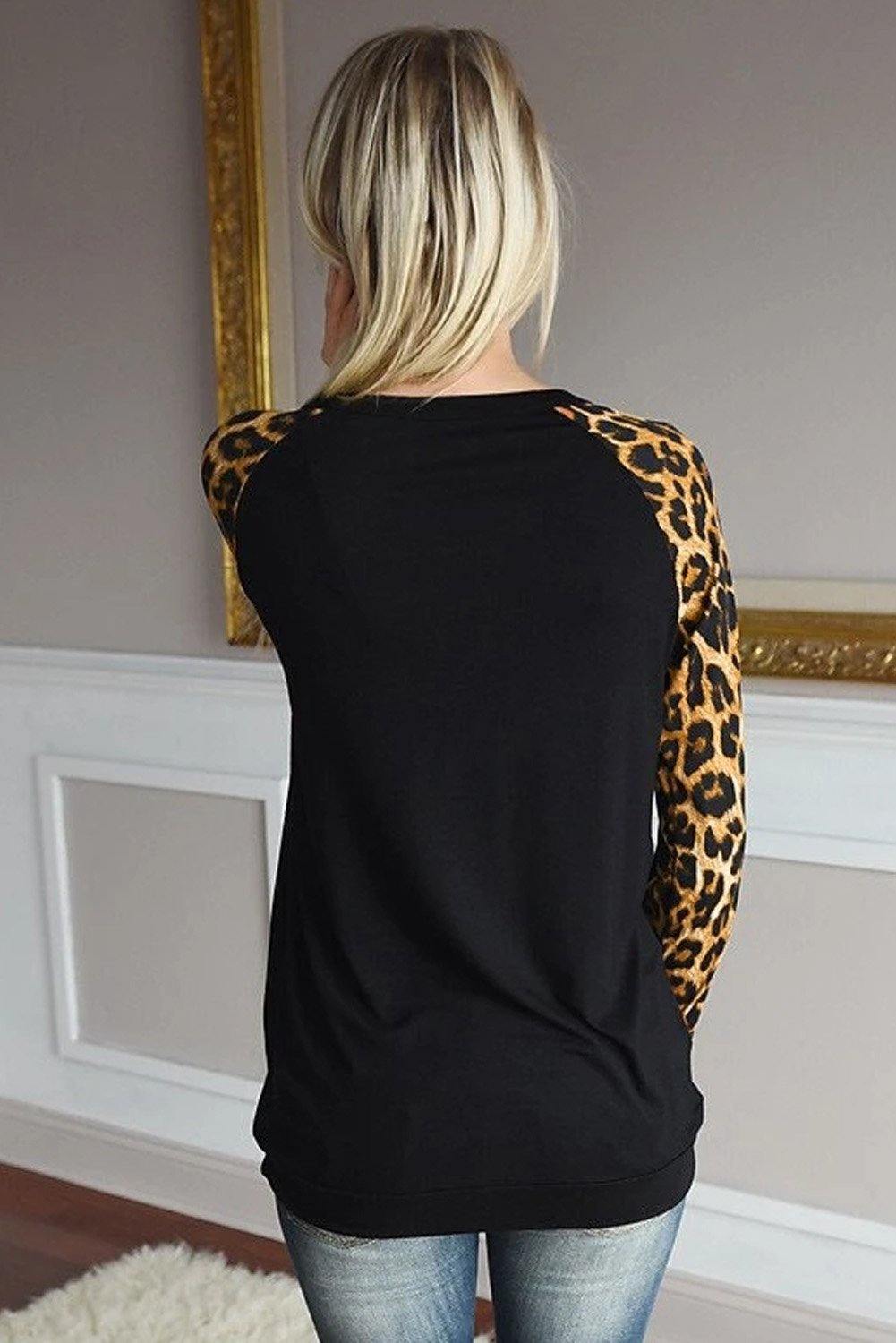 Round Neck Leopard Print Sequin Long Sleeve Top - L & M Kee, LLC