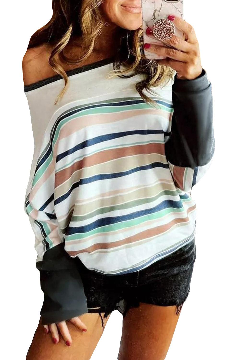 Multicolor Striped Color Block Loose Fit Long Sleeve Top - L & M Kee, LLC